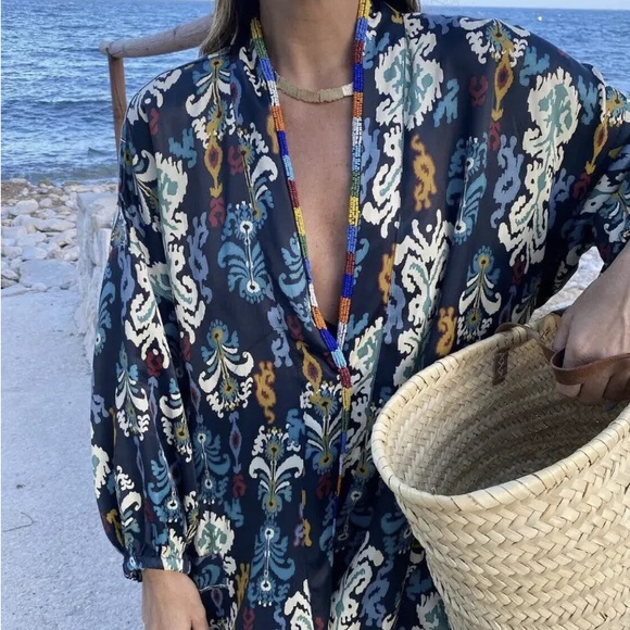 ZARA Women NEW BEADED PRINTED KIMONO NAVY BLUE REF: 7521/054 Size S /M/L - Picture 7 of 8